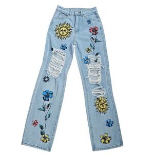 Shein ICON Floral High Waist Ripped‎ Jeans Womens XS
